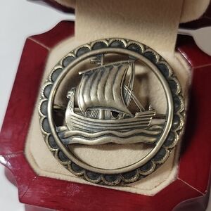Vintage 925 Ship Medallion Brooch in Antique